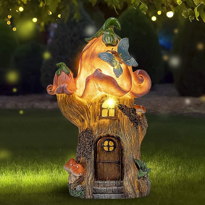 Fairy Garden Accessories Outdoor Statues, Mushroom House Decor,Large Gnome Solar Powered Lights Sculptures,Pink Resin Figurine Butterfly Figurines Lawn Ornaments for Patio Yard Decorations 11Inch-Ruum Studio Home