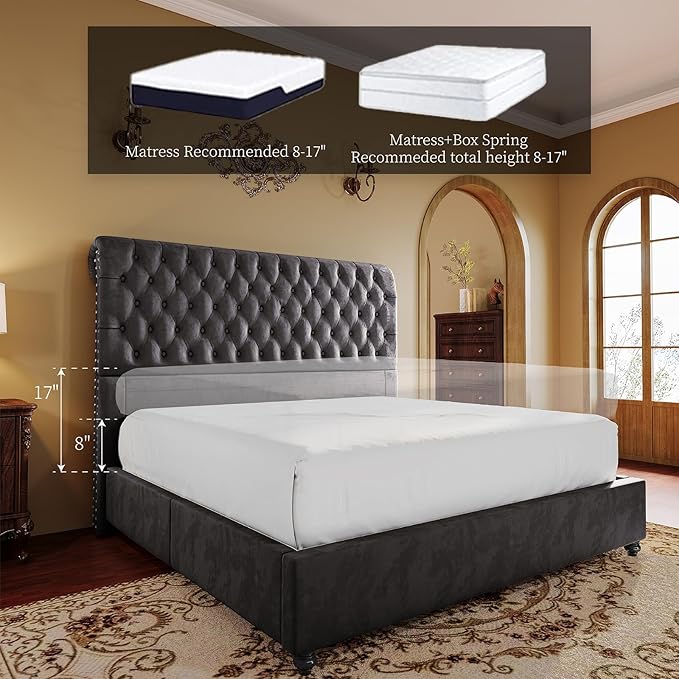 PaPaJet Bed Frame Queen Size Upholstered Platform Bed with 52.8'' Tall Sleigh Headboard, Button Tufted, No Box Spring Needed, Easy Assembly, Dark Grey-Ruum Studio Home