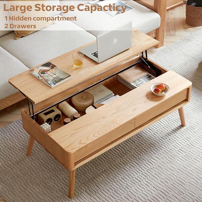 100% Solid Wood Lift Top Coffee Table for Living Room, Mid Century Modern Tables with Drawers and Large Storage, Oak Coffee Tables for Small Spaces (Oak Wood Log, 47.24" W x 23.62" D x 25.59" H)-Ruum Studio Home