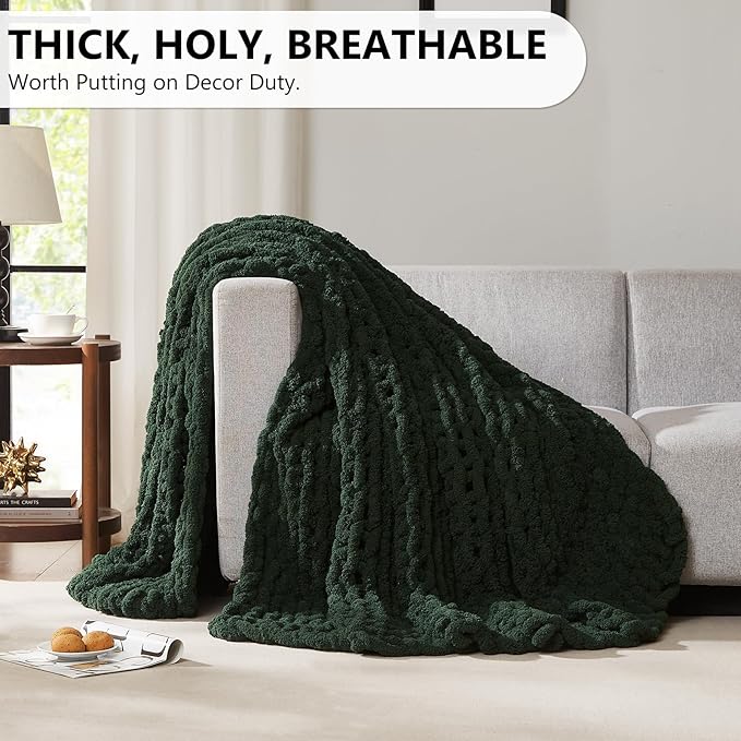 L'AGRATY Chunky Knit Blanket Throw: 72''x84'' Chenille Chunky Knitted Throw Blanket for Bed Couch - Handmade Thick Big Cable Knit Blanket - Large Chunky Crochet Rope Blanket for Home Decor(Green)-Ruum Studio Home