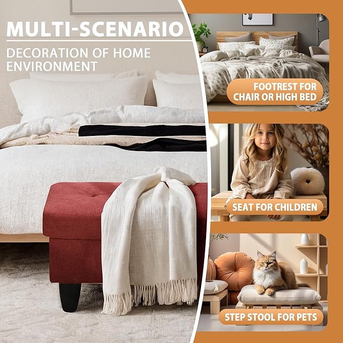 Ottoman Rectangular Storage Ottoman Bench, Flannel Footrest Stool Footstool with Lid for Living Room, Bedroom, Entryway, Red, 28.5"x19"x17.5"-Ruum Studio Home