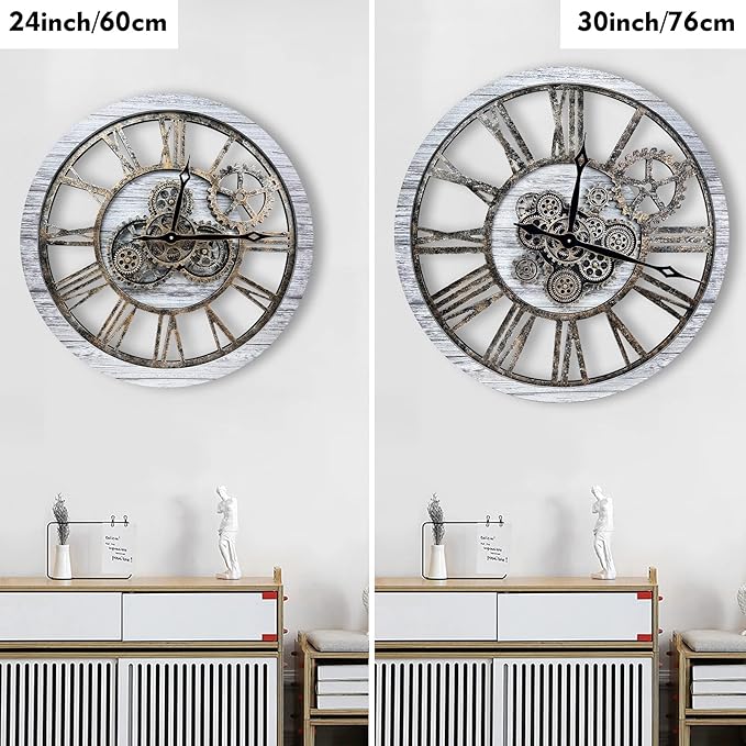 The B-Style Large Real Moving Gears Wall Clock 30 inch Rustic Retro Industrial Farmhouse Wood Clock Oversized Decorative Vintage Wall Clocks for Living Room (Silver Gray)-Ruum Studio Home