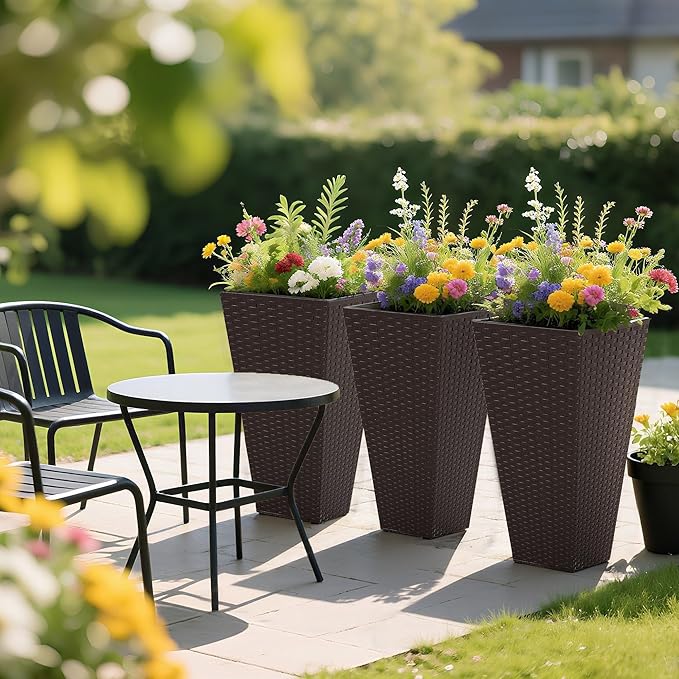 Outsunny Tall Planters for Outdoor Plants Set of 3, 24 in Taper Planters with Drainage Holes, Rattan Decor Plant Pots for Indoor Outdoor Front Porch Patio Backyard, Brown-Ruum Studio Home