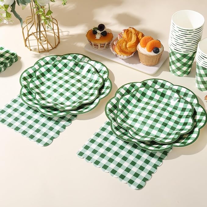 350 Pcs Green Gingham Plates and Napkins Party Supplies - Green and White Checkered Plates Sets Serve 50 Guests - Scalloped Gingham Paper Plate for Birthday Picnic BBQ Golf Party Decorations-Ruum Studio Home