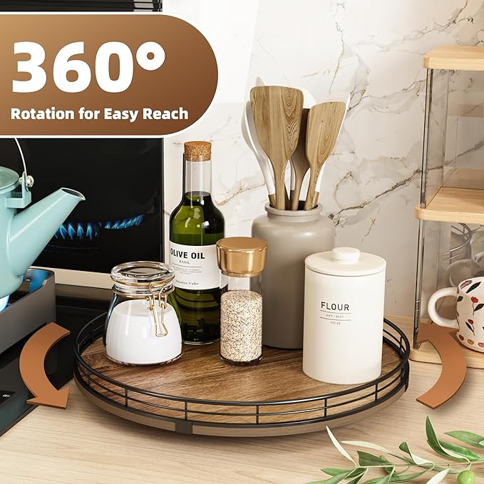 Acacia Wood 13" Lazy Susan Turntable Organizer for Table Top, Farmhouse Round Wooden Lazy Susan for Cabinet Kitchen Centerpieces Coffee Table, for Condiments Spices, Bathroom Vanity Tray Decor-Ruum Studio Home