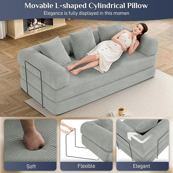 Convertible Sleeper Sofa Bed with Pillow, 4-in-1 Corduroy Folding Mattress Couch with Fixed-Shape Frame, Futon Fold Out Floor Sofa Cama Lounge Couch for Living Room Bedroom, Light Grey-Ruum Studio Home