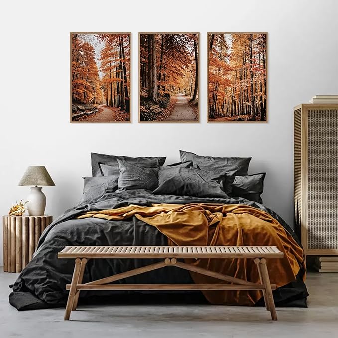 HLNIUC Autumn Forest Framed Canvas Wall Art,Fall Nature Pictures Wall Decor Set of 3(16”x24”) Large Maple Trees Trail Scenery Wall Painting,Modern Fall Landscape Art Print for Living Room,Bedroom-Ruum Studio Home