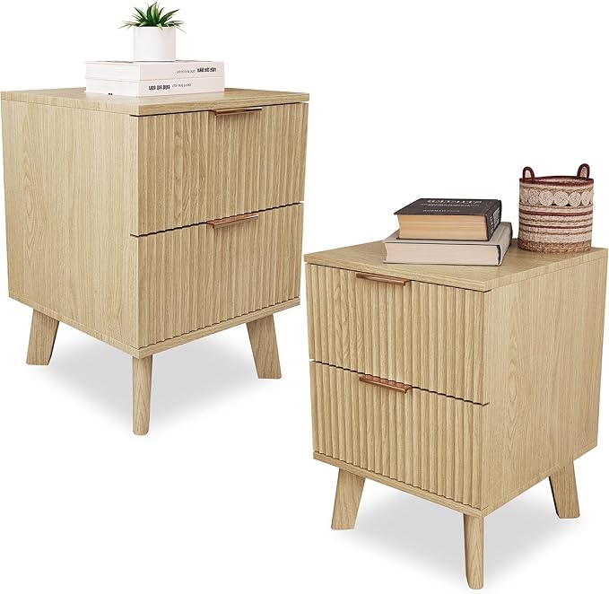 Fluted Nightstands Set of 2, Mid Century Modern 2 Drawer Dresser for Bedroom, Small Night Stand Side Table End Table with Wood Drawer Storage for Bedroom Closet, Natural-Ruum Studio Home