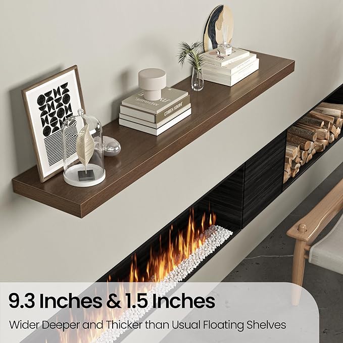 Floating Shelves for Wall, 72"W x 9.3"D x 1.5"H, Long Wooden Wall Mounted Display Shelves with Invisible Brackets for Living Room, Bedroom, Bathroom, Kitchen Decor and Storage, Set of 1, Walnut-Ruum Studio Home