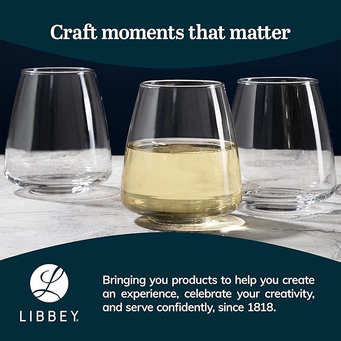 Libbey Stackable Stemless Wine Glasses Set of 6, Tapered Bulb Shaped All Purpose Wine Glass Set, Dishwasher Safe Glass Wine Glasses, Cocktail-Ruum Studio Home