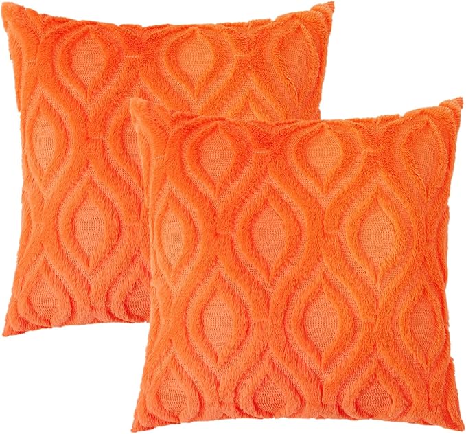 decorUhome Fall Throw Pillow Covers 22x22 Inch Set of 2, Soft Plush Decorative Faux Fur Orange Solid Couch Pillow Covers, Accent Farmhouse Neutral Square Euro Pillow Cases for Sofa Bed Living Room-Ruum Studio Home