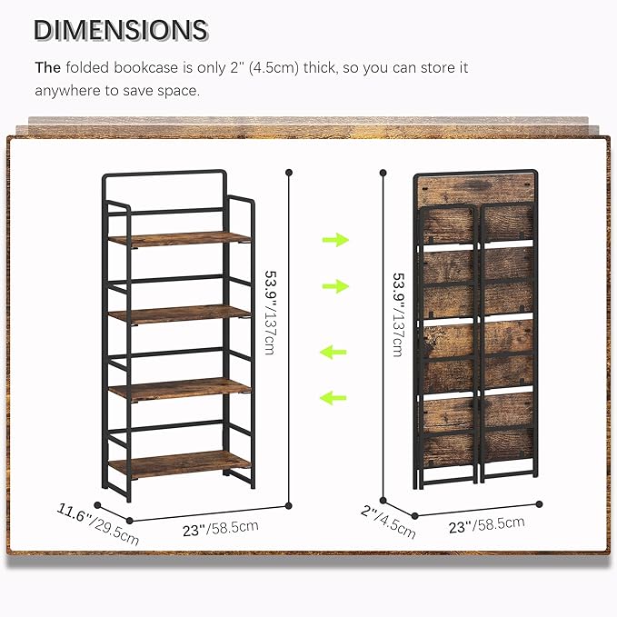 4NM No Assembly Foldable Bookshelf, 4-Shelf Collapsible Bookcase Storage for Small Spaces, 54" H, Rustic Brown and Black-Ruum Studio Home