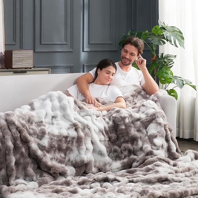 Cozy Bliss Faux Fur Throw Blanket for Couch, Fuzzy Soft Plush Thick Bubble Blanket for Sofa Bedroom Living Room, 108 * 90 Inches Tie Dye Taupe-Ruum Studio Home