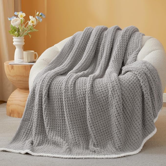 Snuggle Sac Ultra Soft Waffle Throw Blanket for Couch Bed Sofa 50x60 inches, Reversible Grey Blanket Microfiber Fluffy Fuzzy Cozy Knit Throws for Women Mothers Birthday Gifts-Ruum Studio Home