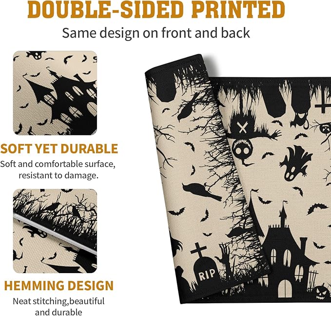 Halloween Placemats 12x18 Inch Set of 4 Black White Witch Castle Ghost Place Mats Spooky Haunted House Bats Tree Crow Table Mat for Party Kitchen Dining Outdoor Indoor Decor-Ruum Studio Home