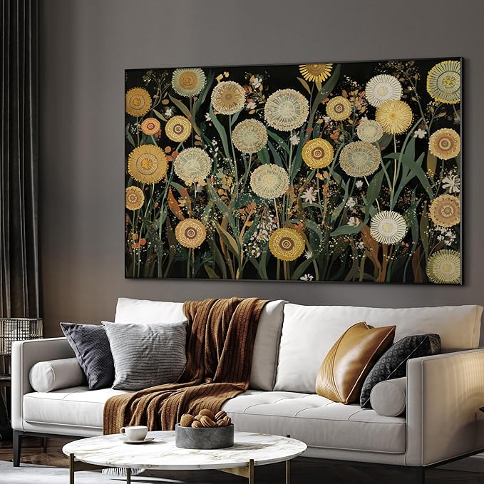 SIGNWIN 46"x72" Extra Large Framed Wall Art Whimsical Dandelion Field in Yellow and Green, Playful Botanical Print for Home Living Room Bedroom Decor (Frame Assembly Required)-Ruum Studio Home