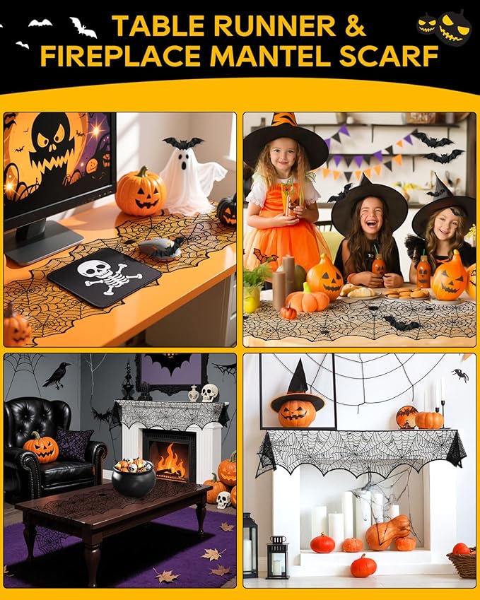 eZAKKA 5 Pack Halloween Decorations Indoor Halloween Spider Web Tablecloth Table Runners Fireplace Mantel Scarf Cobweb Lampshade Scary 3D Bats for Parties Gothic Spooky Home Decoration-Ruum Studio Home