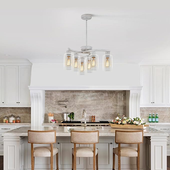 6-Light Antique White Chandelier with Clear Glass Shade, French Country Chandeliers for Dining Room, Adjustable Height Hanging Farmhouse Pendant Lighting for Kitchen Island Entryway Office-Ruum Studio Home
