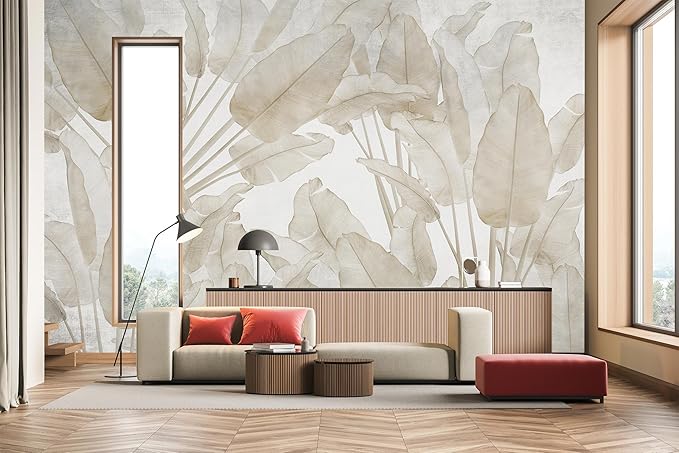 Banana Leaf Wallpaper Beige Tropical Plants Leaves Wall Mural Living Room Bedroom (Not Peel and Stick)-Ruum Studio Home