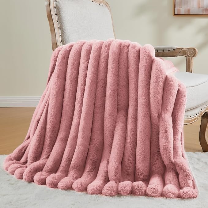 BEDELITE Faux Fur Throw Blanket for Couch, Soft and Cozy Luxurious 3D Striped Pink Fluffy Blanket, 770GSM Thick Warm Plush Fuzzy Faux Rabbit Fur Blanket for Women Gift, 50"x 60"-Ruum Studio Home