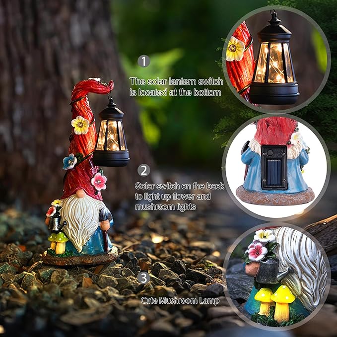 TIJNN Solar Garden Gnome Statue with Lantern, Dwarf Gardener Outdoor Decor for Patio, Yard, Porch Garden Gifts-Ruum Studio Home