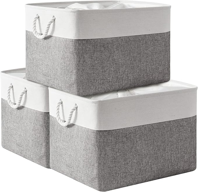 TheWarmHome Storage Bins Baskets for Organizing, 20.5L×15.7W×13.8H 3 Pack Sturdy Fabric Storage Basket W/Handles, Decorative Foldable Storage Baskets for Shelves Closet Nursery Toy (White & Grey)-Ruum Studio Home
