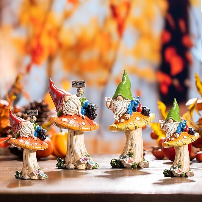 TERESA'S COLLECTIONS Garden Gnomes on Mushroom, Set of 2 Cute Resin Gnome Statues for Yard, Outdoor Patio Porch Lawn, Ideal Gift for Dad Mom Birthday, Outside Decor Housewarming Gifts-Ruum Studio Home