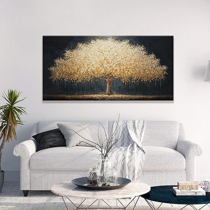 Wall Art Gold Tree Of Life Modern Wall Art Artwork Canvas Art Wall Decor Painting Gold Tree Pictures Abstract Wall Decor For Living Room Bedroom Dining Room Home Office Artwork Ready To Hang 24"X 48"-Ruum Studio Home