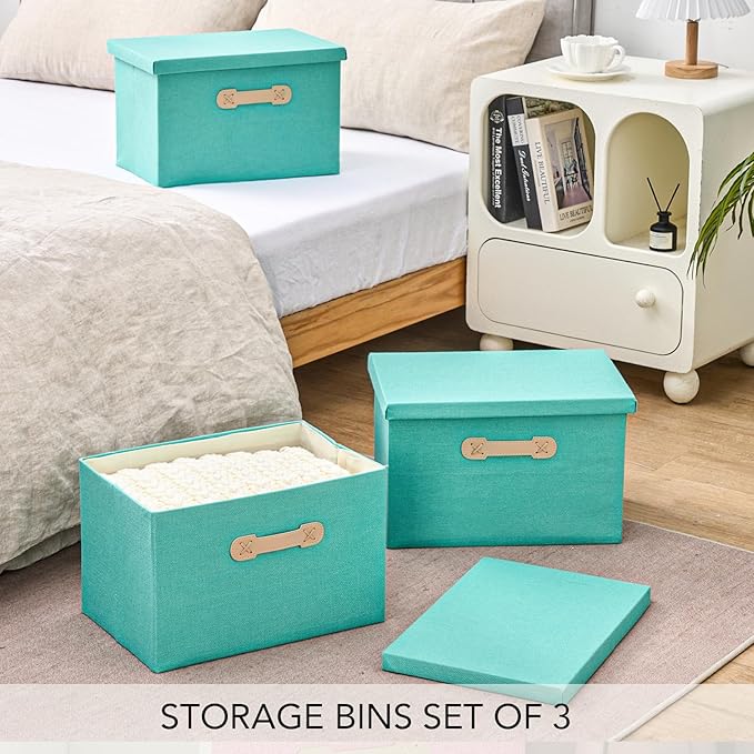 Enzk&Unity Decorative Storage Bins with Lids, Fabric Linen Foldable Storage Box with Handle Home Organizer for Shelf, Closet, Bedroom, Living Room, Office, 3 Packs, Teal-Ruum Studio Home