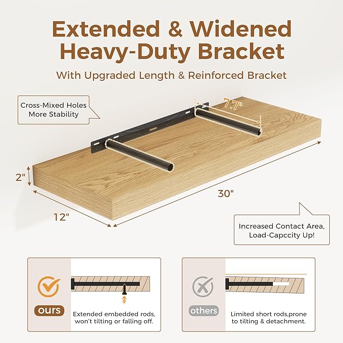 Floating Shelves 30 Inch Long, 12 Inch Deep Floating Shelf for Books, Rustic Wood 30 x 12 Storage Shelves for Wall Storage & Display, Thicked Wall Shelf for Kitchen, Living Room, Oak Color, 1 Pack-Ruum Studio Home