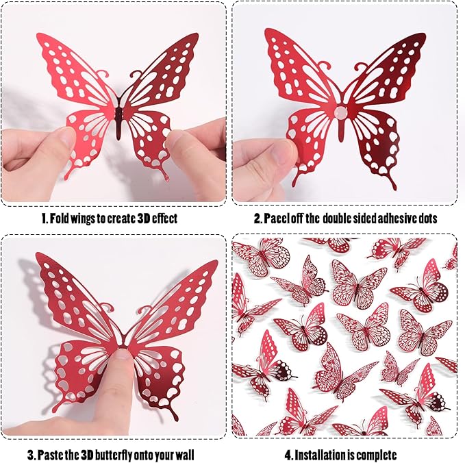SAOROPEB 3D Butterfly Wall Decor - 48 Pcs, 4 Styles, 3 Sizes - Removable Stickers (Blood Red) for Birthday & Party Celebrations-Ruum Studio Home