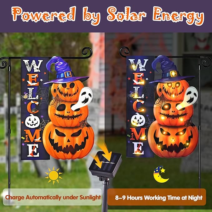 Halloween Lighted Garden Flag, Solar Yard Flag for Outside, 8 Modes Double Sided Welcome Halloween Pumpkin Outdoor Decorations for Home Porch (Pumpkin-12x18)-Ruum Studio Home