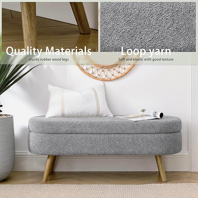 Oval Storage Bench 43.5" Linen Fabric Upholstered Entryway Bench with Solid Wood Legs Ottoman Bench Indoor Bench for Living Room/Bedroom/End of Bed/Entryway (New Grey)-Ruum Studio Home