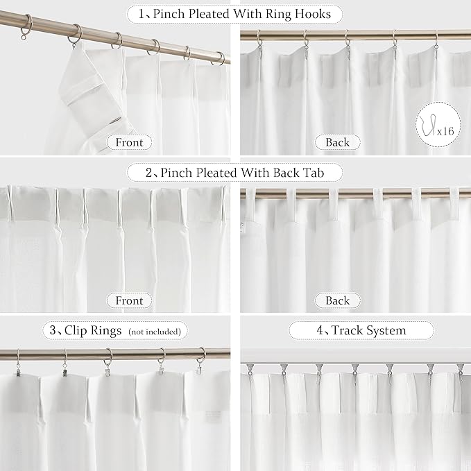 FMFUNCTEX Pinch Pleated Curtains 84 Inches Long for Living Room, White Semi Sheer Faux Linen Textured Pleat Drapes for Bedroom with Hooks, Light Filtering Neutral Farmhouse Window Drapes 2 Panels-Ruum Studio Home