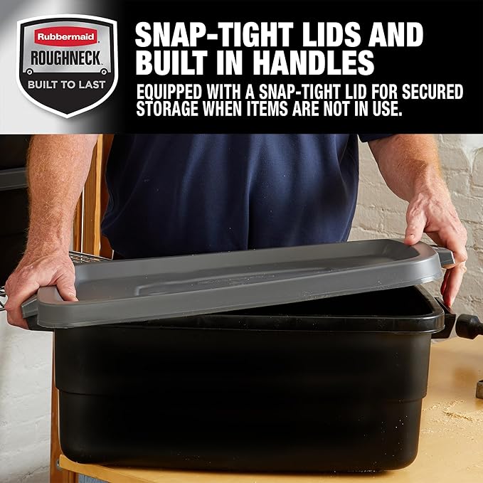 Rubbermaid Roughneck Tote 10 Gal, 6 Pack, Made in USA, Black & Gray, Rugged Plastic Stackable Storage Bins with Lids and Handles-Ruum Studio Home