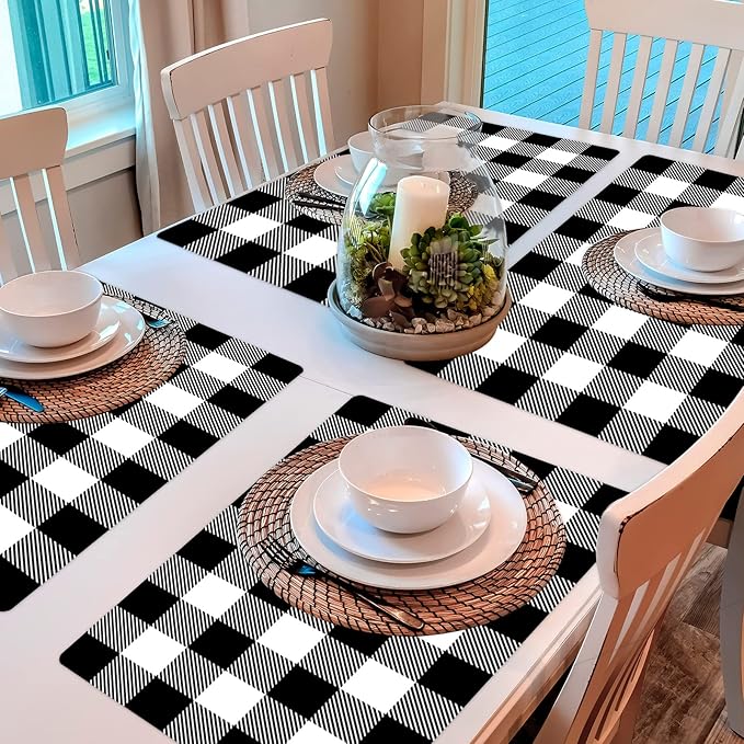 Black and White Plastic Placemats Set of 6 Check Plaid Table Mats Black Buffalo Plaid Place Mats Wipe Clean Washable Table Placemats for Indoor Outdoor Heat Resistant Kitchen Dining Table-Ruum Studio Home