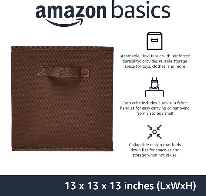 Amazon Basics Cube Organizer Storage Bins Handles, Collapsible Fabric, Pack of 6, 13"x13"x13", Brown-Ruum Studio Home
