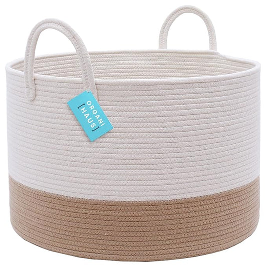 OrganiHaus Boho Woven Basket for Blankets and Laundry, Decorative Large Storage Bin for Living Room, Nursery Basket for Toys & Clothes, Soft Cotton Rope with Handles 20x13 inches - Off-White/Honey-Ruum Studio Home