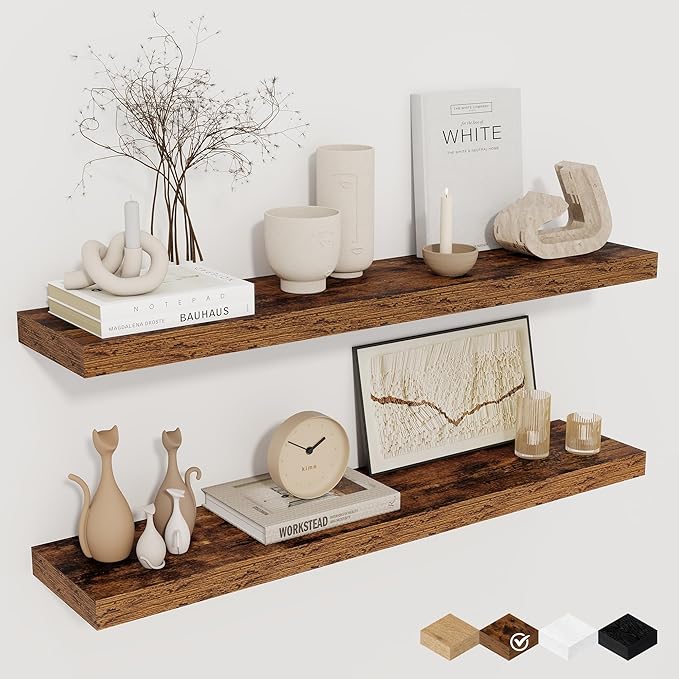 32Inch Floating Shelves for Wall 2 Pack Wood Shelves for Kitchen, Bathroom, Bedroom Wall Mounted Rustic Wood Floating Shelf with Invisible Brackets for Books, Storage, Decor, Rustic Brown-Ruum Studio Home