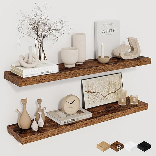 32Inch Floating Shelves for Wall 2 Pack Wood Shelves for Kitchen, Bathroom, Bedroom Wall Mounted Rustic Wood Floating Shelf with Invisible Brackets for Books, Storage, Decor, Rustic Brown-Ruum Studio Home