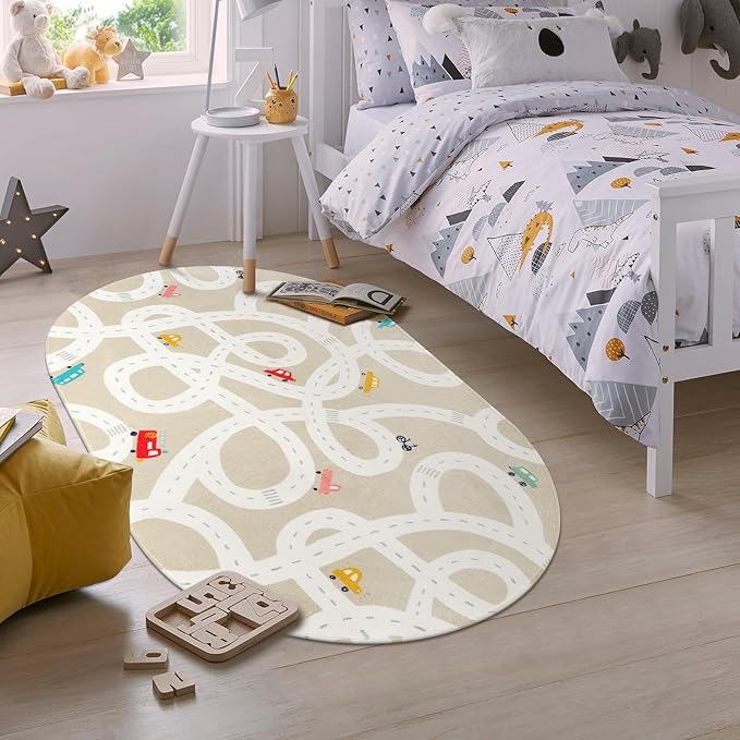 STARUIA Small Kids Rug for Kids Room, 3'x5' Washable Road Rug for Baby Nursery, Non-Slip Car Rugs for Playroom, Tan Traffic Play Mat Soft Fun Rugs for Boys Girls Dorm Toy Room Tent-Ruum Studio Home