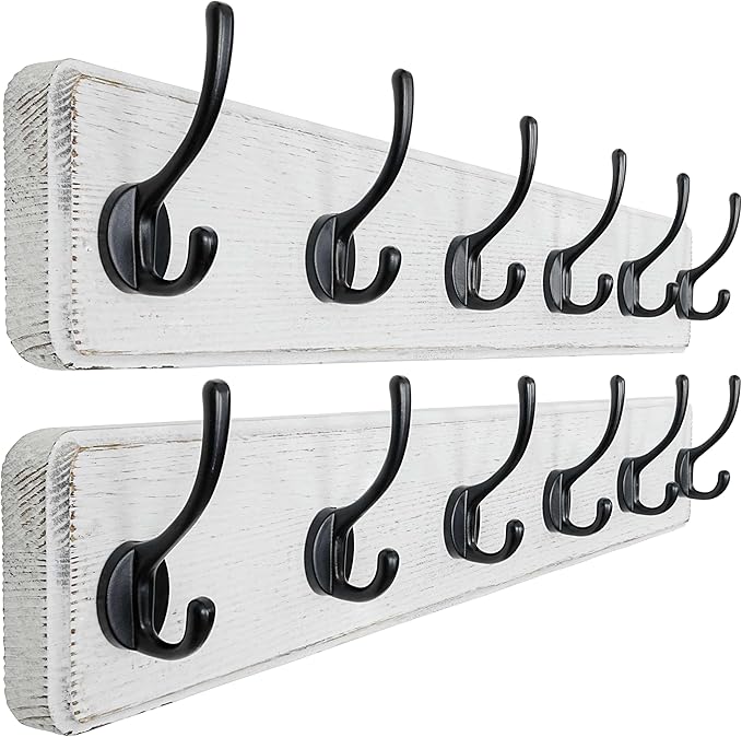 Dseap Wall Mounted Coat Rack: 24" Long, Patented, Heavy-Duty, 6-Double-Hooks Wooden Hanger Rail for Winter Coats, Hat, Jacket, Clothing - White & Black, Pack of 2-Ruum Studio Home