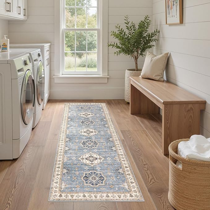 Washable 2x6 Runner Rug - Area Rugs Neutral Vintage Distressed Floral Farmhouse Boho Large Soft Floor Rug Indoor Carpet for Hallway Entryway Bedroom Kitchen - Blue-Ruum Studio Home