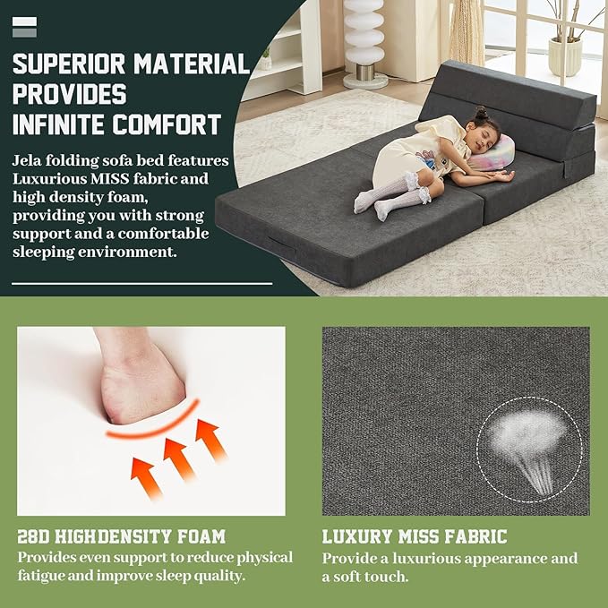 jela Foldable Sofa Bed Soft Foam Convertible Sleeper Chair Luxury Miss Fabric Fold Out Chair Bed Floor Couch with Back Support Floor Sofa for Living Room Bedroom (Twin,Dark Gray)-Ruum Studio Home