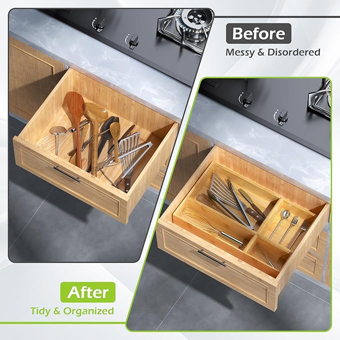 Bathroom Drawer Organizer Trays, Bamboo Silverware Drawer Organizer Kitchen Utensils, 8 PCS Wood Box Stackable Bins for Makeup, Office Desk, Vanity, Junk Drawer-Ruum Studio Home