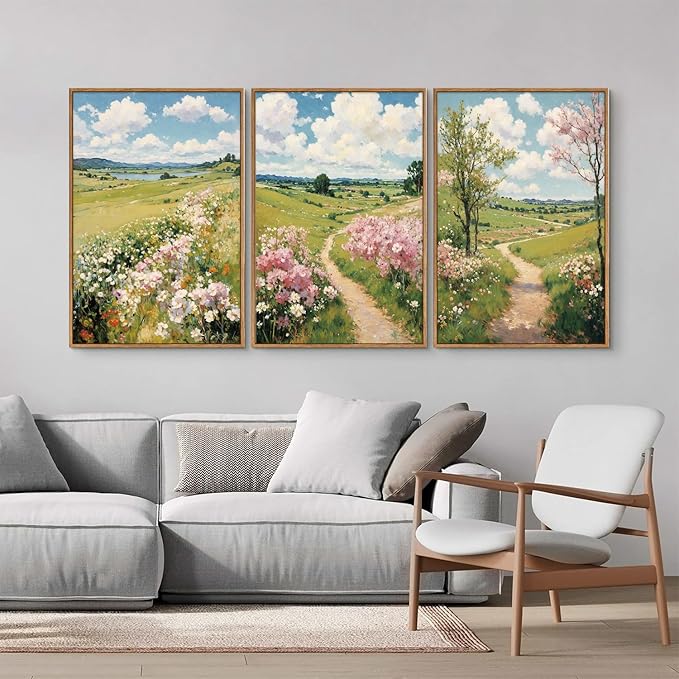 Tinonedraw Rustic Landscape Framed Canvas Wall Art Triptych, Blue and White Wall Decor, Vintage Botanical Floral Artwork, Modern Country Nature Farmhouse Art Prints for Living Room Bedroom 16"x24"x3-Ruum Studio Home