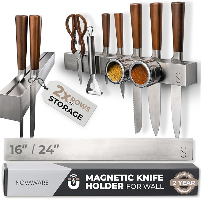 24" Magnetic Knife Holder for Wall with 2x Storage - Safe, Patented Storage Design - Stainless Steel Knife Magnetic Strip, Under Cabinet Knives Storage - Magnet Strip Rack Kitchen Utensil Organizer-Ruum Studio Home