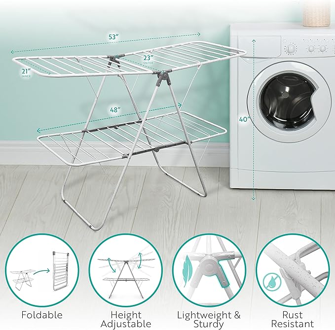Brookstone – Extra Large – Double Spaced - 2 Tier Collapsible Clothes Drying Rack, Indoor/Outdoor Folding Hanging Garment Stand [NO Assembly - Ready Out of The Box]-Ruum Studio Home