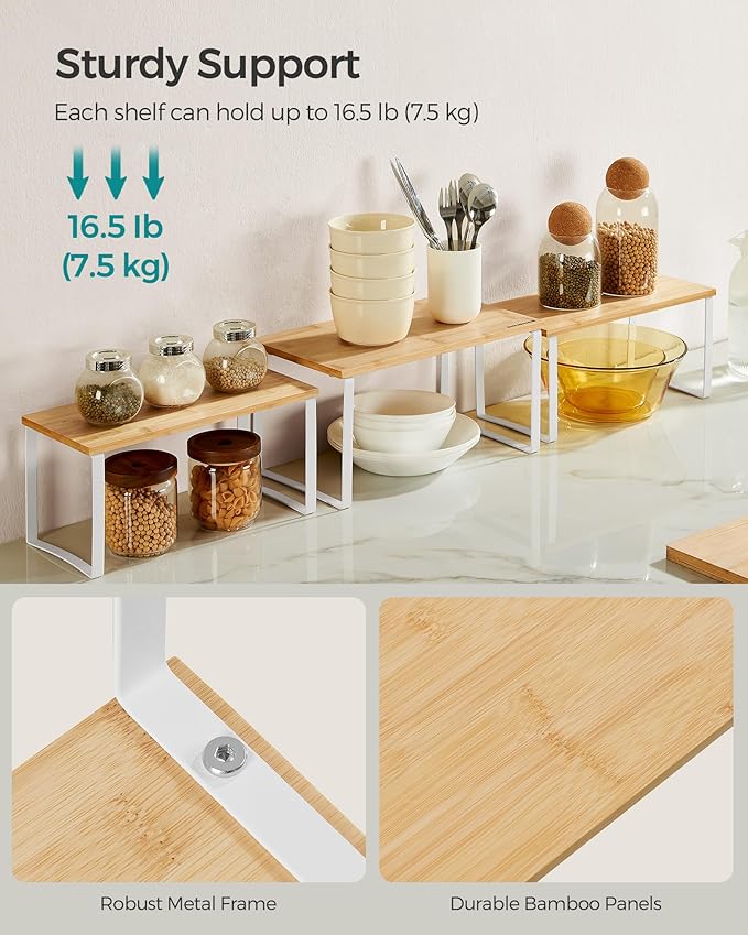 SONGMICS Cabinet Organizer Shelf, Set of 3 Kitchen Counter Shelves, Kitchen Storage, Spice Rack, Stackable, Expandable, Cloud White and Natural Beige UKCS014W01-Ruum Studio Home