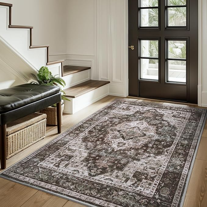AMOAMI-3X5 Area Rug-Soft Washable Vintage Throw Accent Rugs for Living Room, Entryway, Bedroom, Kitchen, Bathroom, Laundry Room, Kitchen, Bathroom, Bedside, No Slip Brick/Brown-Ruum Studio Home